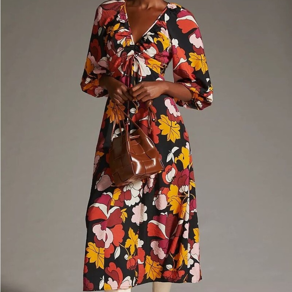 Anthropologie Maeve Deep-V Ruched Floral Multicolor Midi Dress